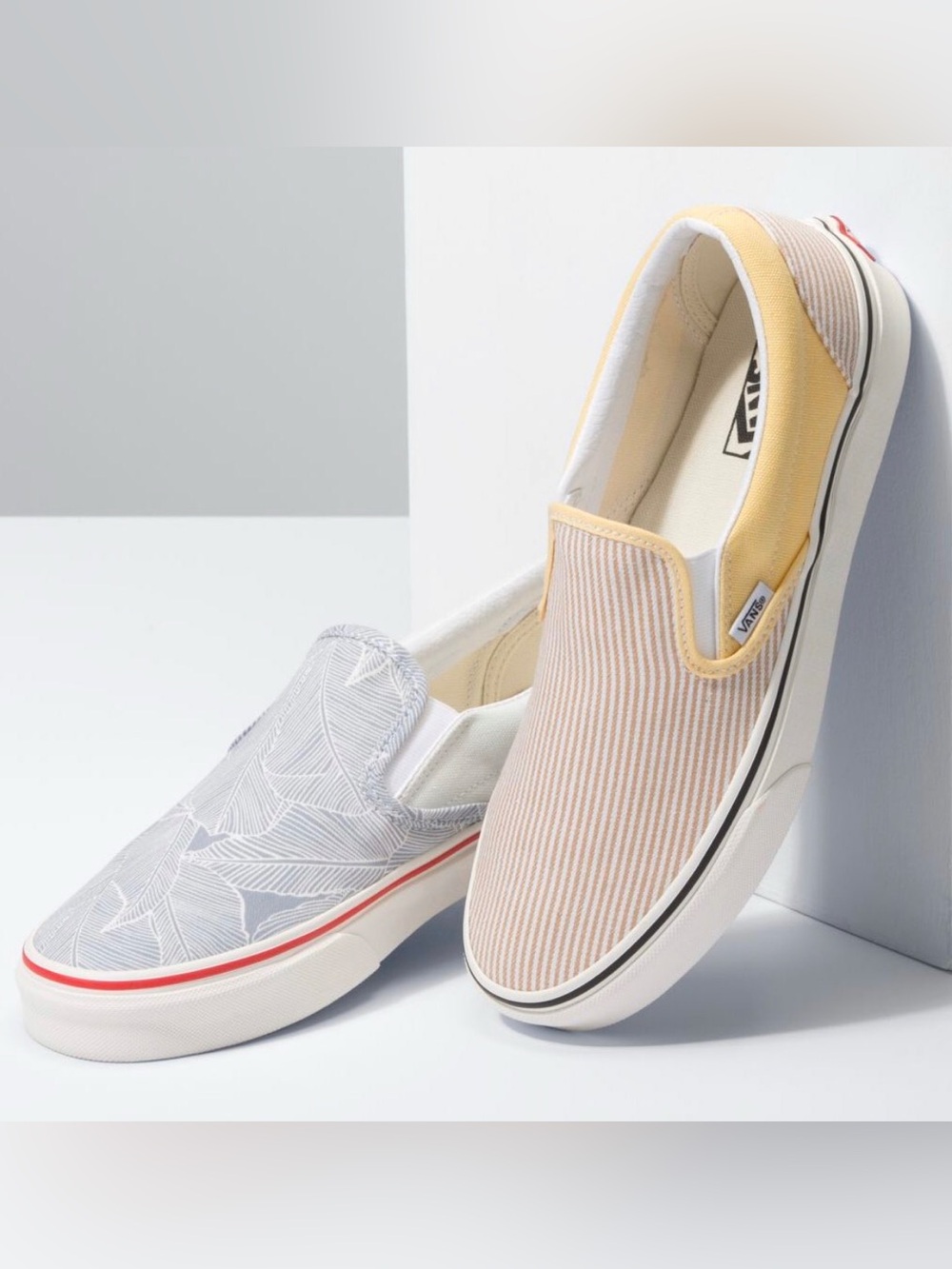 Vans Classic Mismatch Slip-On Sneakers Shoes Yellow Stripes Grey Floral Leaf 8.5